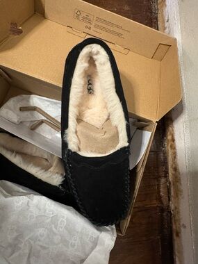 UGG Black Suede Moccasin with Cream Shearling Lining